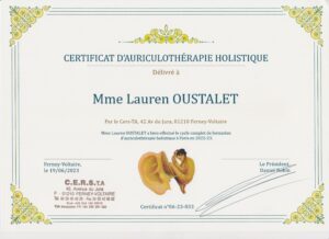 Certificat d'auriculothérapie holistique délivré par le CERS-TA